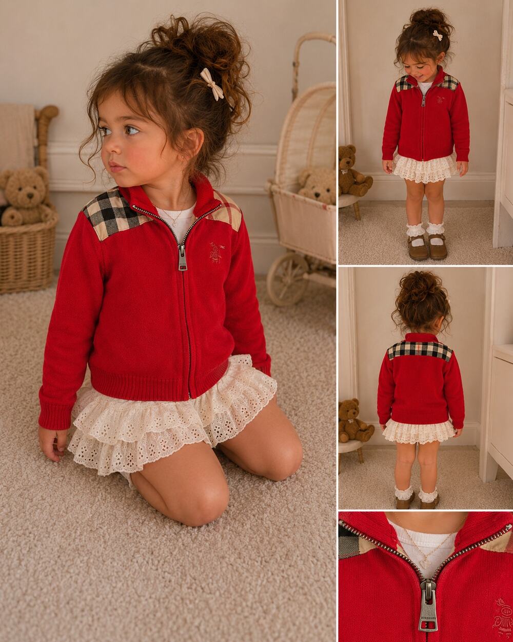 Burberry Children Red Nova Check Zip Sweater Jacket 2T Cotton Logo
